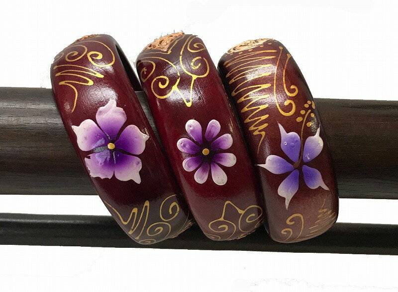 ウッドバングルL ワイン地茶模様 紫【バリ島直輸入】母の日/プレゼント/ギフト/手作り/アジアン/ハンドメイド/民芸品/ウッドブレスレット/木製/エスニック/カ...