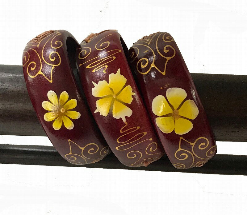 ウッドバングルL ワイン地茶模様 黄【バリ島直輸入】母の日/プレゼント/ギフト/手作り/アジアン/ハンドメイド/民芸品/ウッドブレスレット/木製/エスニック/カ...