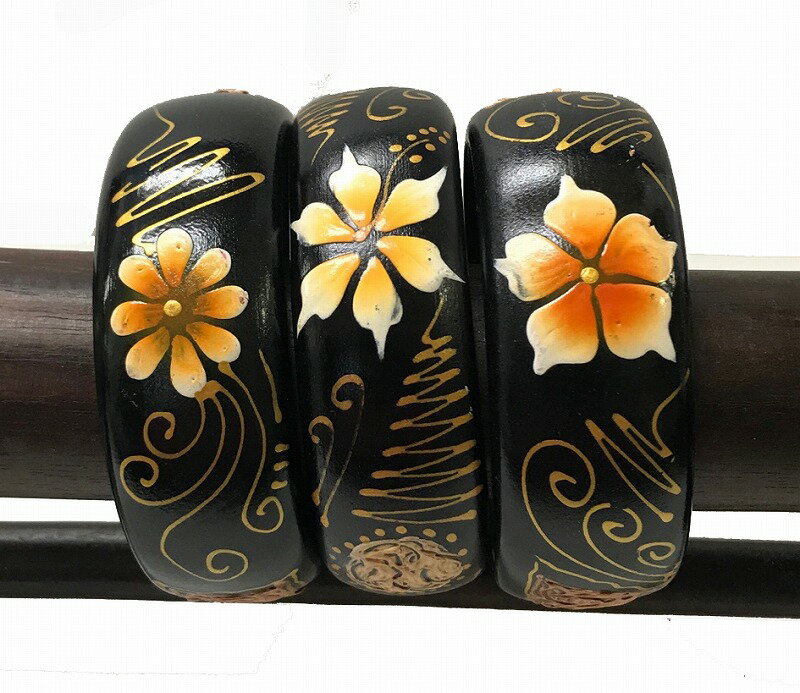 ウッドバングルL 黒地茶模様オレンジ【バリ島直輸入】母の日/プレゼント/ギフト/手作り/アジアン/ハンドメイド/民芸品/ウッドブレスレット/木製/エスニック/カ...