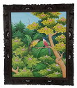 プンゴセカン絵画73*63 ハイクラス ピンク花とカラフル鳥【バリ直輸入】バリ絵画 花鳥風月 南国 花鳥画 風景画 アートパネル 緑 リゾート ウッドフレーム ...
