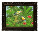 バリ絵画 ブンゴセカン 53*63 カラフル鳥 赤ハイビスカス【バリ直輸入】花鳥風月 南国 花鳥画 風景画 アートパネル 緑 リゾート 手描き ウッドフレーム ...