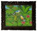バリ絵画 ブンゴセカン 53*63 青羽鳥赤 ハイビスカス【バリ直輸入】花鳥風月 南国 花鳥画 風景画 自然 アートパネル 緑 リゾート 手描き ウッドフレーム...