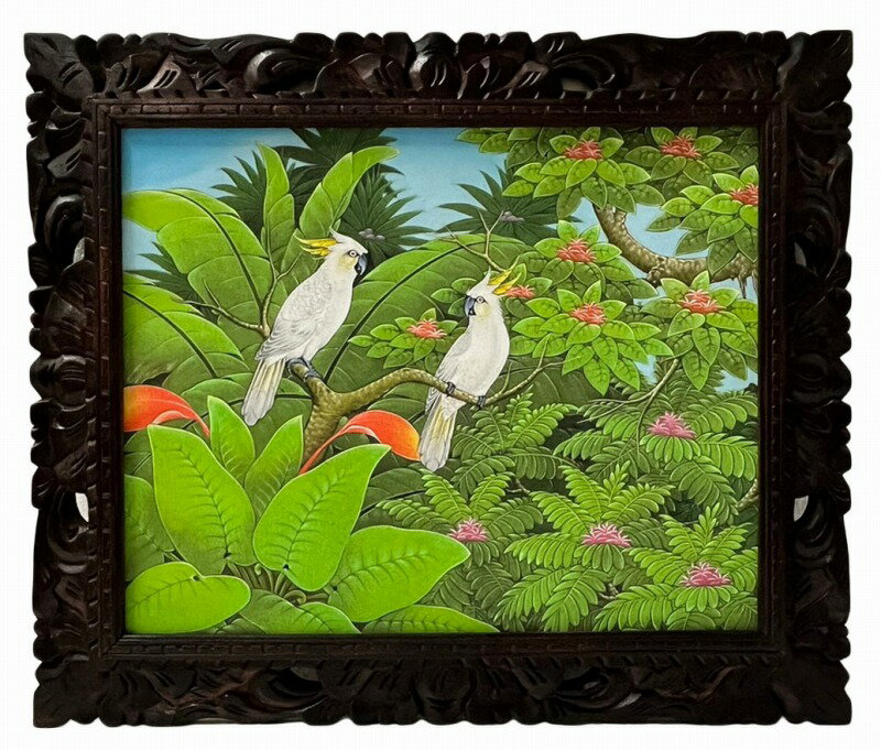 バリ絵画　ブンゴセカン53*63白冠鳥オレンジ葉