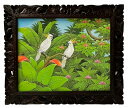 バリ絵画 ブンゴセカン53*63 白冠鳥オレンジ葉【バリ直輸入】花鳥風月 南国 花鳥画 アートパネル 緑 リゾート 手描き ウッドフレーム 手彫り 森 鳥 花 ...