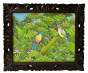 バリ絵画 ブンゴセカン53*63 尾青鳥バナナリーフ【バリ直輸入】花鳥風月 南国 花鳥画 アートパネル 緑 鳥 花 リゾート 手描き ウッドフレーム 手彫り 森...
