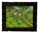 バリ絵画 ブンゴセカン53*63 赤青頭鳥ピンク花【バリ直輸入】花鳥風月 南国 花鳥画 アートパネル 緑 鳥 花 リゾート 手描き ウッドフレーム 手彫り 森 ...