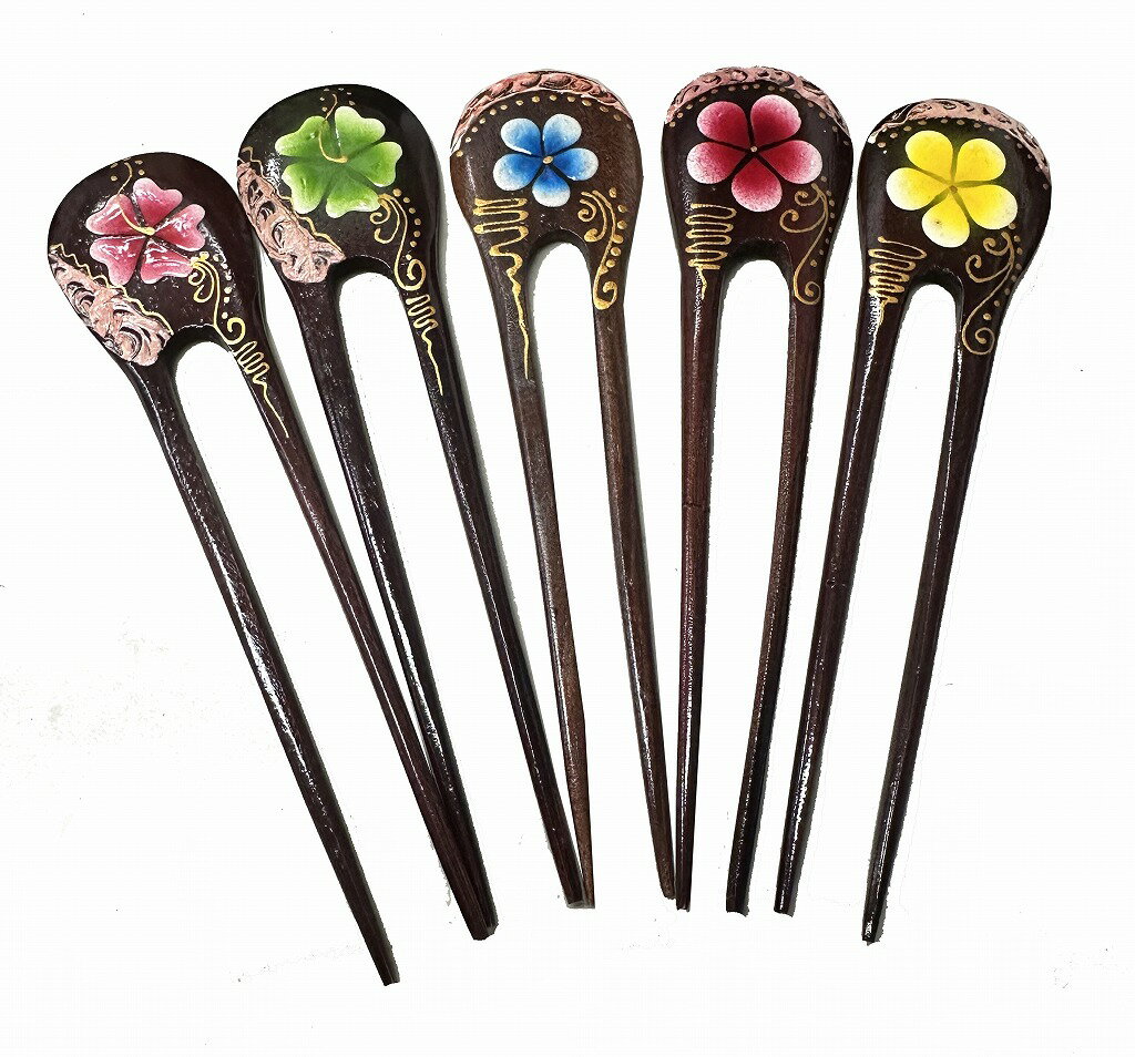 天然木かんざしフランジパニ ダブル(2本タイプ)【バリ島直輸入】プレゼント/ギフト/手作り/手描き/ペイント/アジアン/ハンドメイド/簪/プルメリア/南国/トロ...