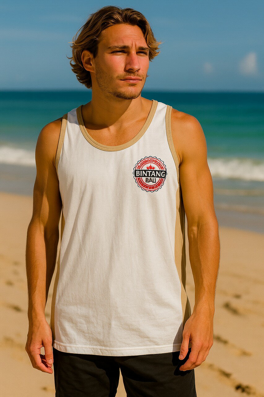 ビンタンタンクトップ ツートン Mメンズ ノースリーブ ロゴプリント 涼しい リゾートウェア サーフ系【バリ・アジアン雑貨バリパラダイス】