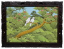 バリ絵画 ブンゴセカン63*83 枝にとまる白鳥右向き【バリ直輸入】花鳥風月 南国 花鳥画 アートパネル 緑 リゾート 手描き ウッドフレーム 手彫り 森 バリ...