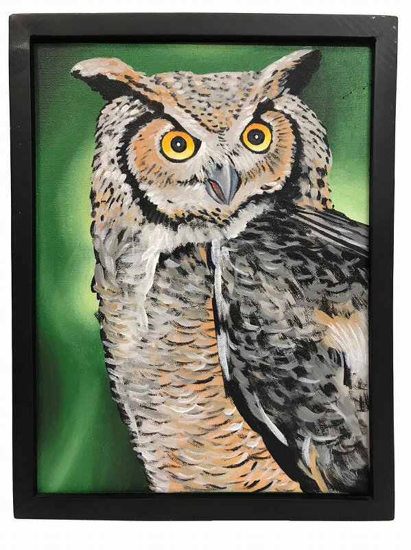 フクロウの絵画33*43 緑地横向き顔前タイプ【バリ直輸入】バリ絵画 南国 鳥 梟 ふくろう 鳥の絵 アートパネル 縁起のよい 緑 リゾート 手描き ウッドフレーム バリアート アジアンインテリア おしゃれ 【バリ・アジアン雑貨バリパラダイス】