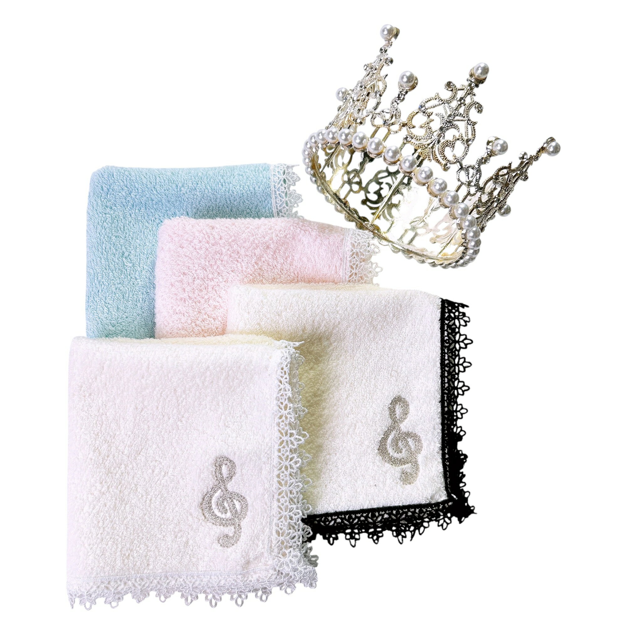 【クーポンあり】音楽 タオル 音符 タオル ハンカチ A ト音記号 刺繍 レース 銀糸 手ぬぐい ピアノ発表..