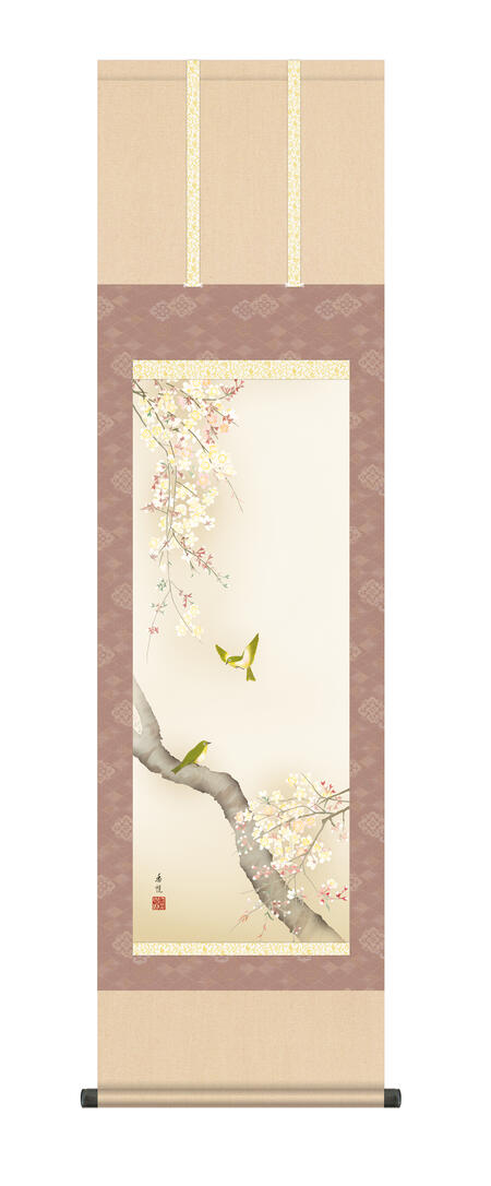 20％OFF＼当店全品P5倍／掛け軸 掛軸 春掛け 花鳥画 「桜花に小鳥」西尾香悦 ＜送料無料＞ 尺三 10年保証 和室 和 アート 日本画 花 桜 鳥 春 サクラ 複製画 引越 事務所 店舗 移転 開店 祝い ギフト プレゼント 外国人向け土産 44.5cm×約164cm