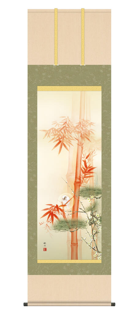 掛け軸 掛軸 縁起画 「吉祥白雀図」 慶事飾り ＜送料無料＞ 尺五 10年保証 和 インテリア アート 日本画 竹 鳥 朱竹 外国人向け土産 54..