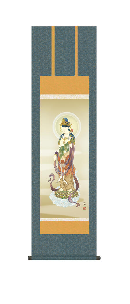 仏事画 「雲上観音」掛け軸 ＜送料無料＞ 尺三 10年保証 洛彩鍛子佛表装 和 インテリア アート 日本画 複製画 行事飾り 初七日 法要 供養 彼岸 お盆 十三回忌 仏 44.5cm×約164cm　観音