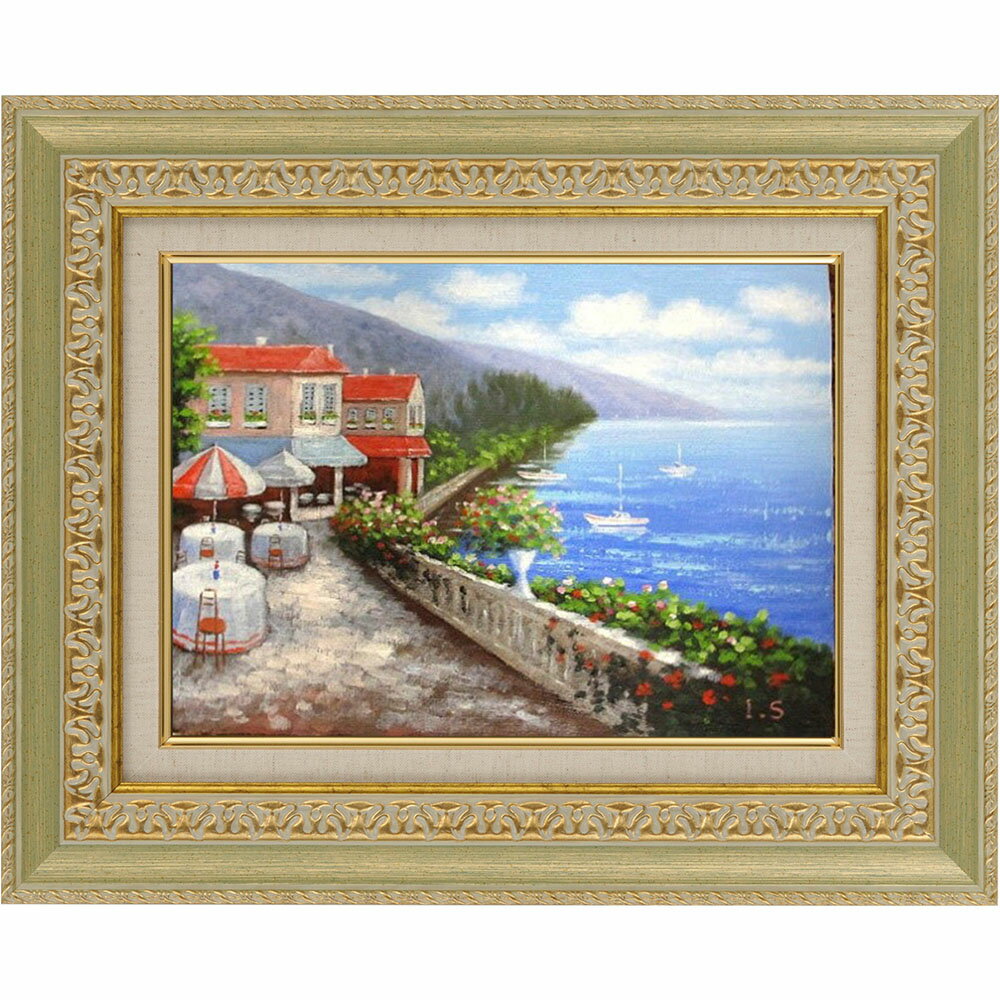絵画 油絵 額入り絵画 油彩 手描き 地中海1 F4サイズ 新屋敷一平 地中海 風景 海 ヨット ヨーロッパ 絵..