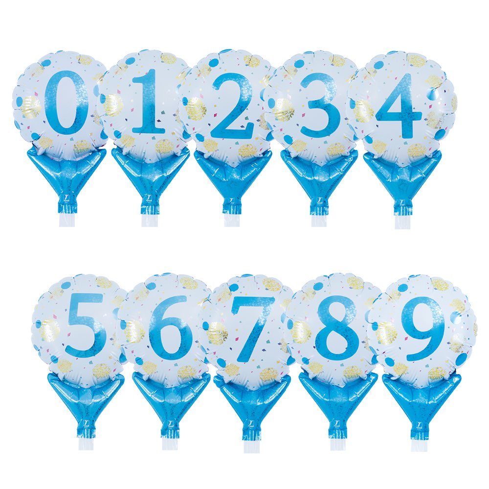 Balloon - バースデー 誕生日 ギフト 飾り付け アップライト ゴールド＆ブルードット 0〜9 丸 (10枚入) 膨らまし後約W10cm×H14cm 逆止弁付 0201811531