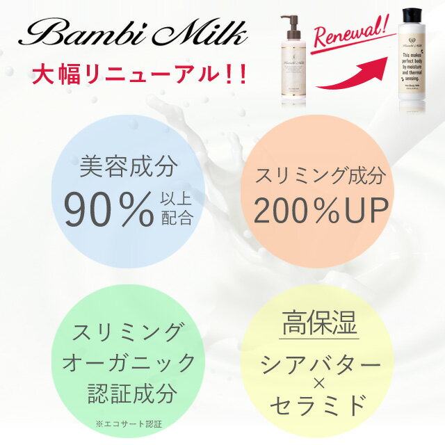 今だけ＼最大PT22倍／《2個購入で+1個》1800円クーポン バンビミルク 200ml 送料無料 ダイエット セルライト ボディクリーム 太もも むくみ マッサージオイル 脚やせ 足痩せ お腹 除去 いい香り 温感 保湿 痩せ スリミングジェル 引き締め バンビウォーター 脚痩せ