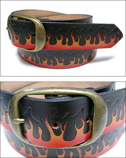 エンボスレザーベルト(ファイアーパターン)【BRACKNEYLEATHERWORKS-ブラックニーレザーワークス】squ5307-11-G-炎柄FireロックアメカジUSAアメリカ製本革本皮メンズユニセックス【RCP】