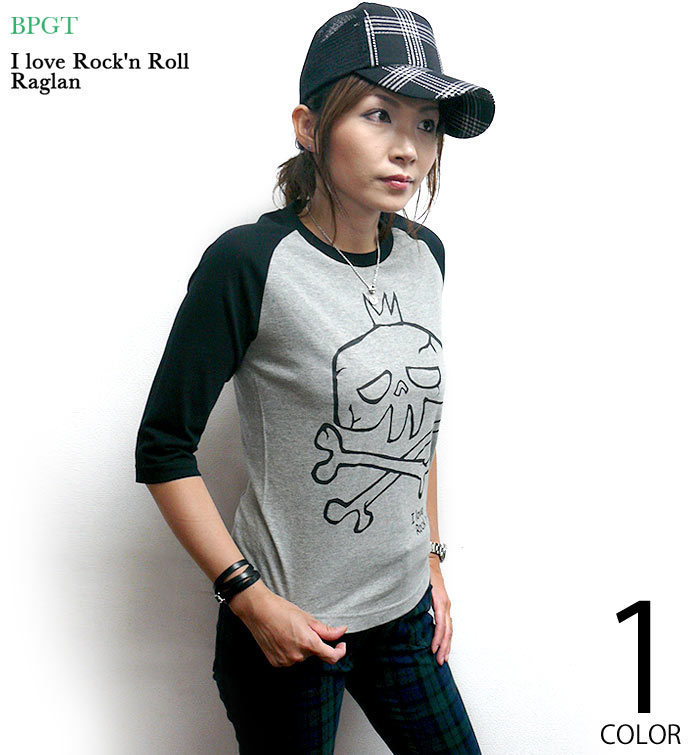 楽天Tシャツ屋さん　バンビI love Rock'n Roll（スカルLOVE）ラグランスリーブTシャツ - sp033rg -F- 7分袖 七分袖 ドクロ 落書き ロック バンド メンズ レディース ユニセックス アメカジ ロックスタイル かわいい 可愛い SKULL ROCK ミックスグレー×ブラック 灰色×黒【RCP】