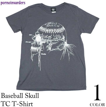 Baseball Skull (ベイスボールスカル) TC Tシャツ -pornoinvarders-pi004tc-Z完- 野球 パンク ロックTシャツ ドクロ パンクス カットソー グレー 半袖 メンズ レディース ユニセックス ストリート バックプリント【RCP】