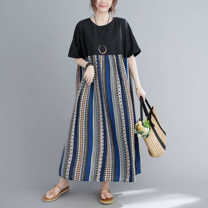ネイティブ柄ワンピース ラウンドネック ロング ワンピ エスニック 半袖 大人可愛い おすすめ 人気 体系カバー マタニティ ゆったり 楽ちん 着心地 シンプル お出かけ 春 夏 デート 通勤 プチプラ 韓国ファッション【lewp304-566】【予約販売：15-20日】【送料無料】メ込2のサムネイル