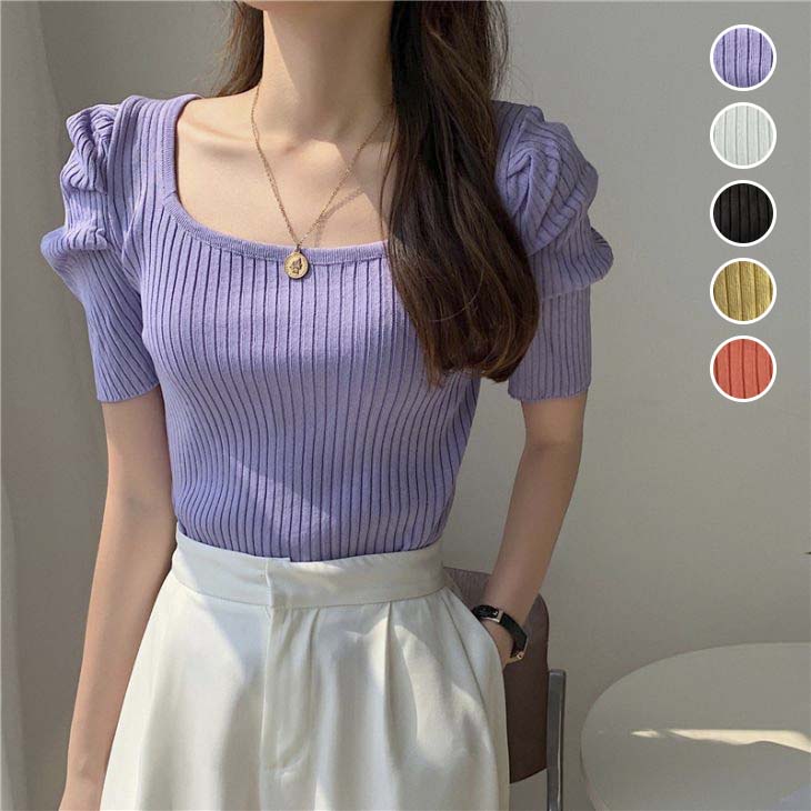 【7/26 1:59まで全品半額クーポン】リブニット サマーニット パワショル パワーショルダー 半袖 ボリューム袖 スクエアネック ギャザー ボーダー トップス レディース おすすめ おしゃれ 大人 カジュアル【leszk212-980】【予約販売：15-20日】【送料無料】メ込2のサムネイル