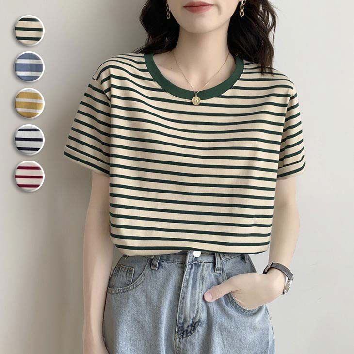 【7/2 10時～全品半額クーポン】半袖Tシャツ トップス ラウンドネック 定番 ボーダー 着回し 無地 インナー シンプル ベーシック カジュアル レディース お出かけおしゃれ 春 夏 人気 韓国ファッション【letp304-027】【予約販売：15-20日】【送料無料】メ込2のサムネイル