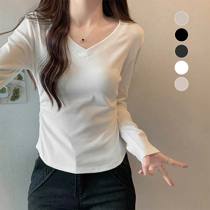 【全品半額クーポン配布中】Vネック ロンT 長袖 カットソー トップス 無地 シンプル カジュアル レイヤード オフィス おすすめ レディース オシャレ人気 プチプラ 韓国ファッション 2023秋冬新作【letp308-205】【予約販売：15-20日】【送料無料】メ込2
