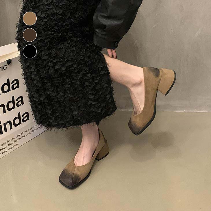 【半額クーポン対象】バイカラー スクエア パンプス チャンキーヒール PU シューズ 靴 ヒール お洒落 きれいめ 大人女子会 おすすめ レディース オシャレ トレンド 人気 プチプラ 韓国ファッション【k3-jx75】【予約販売：15-20日】【送料無料】宅込