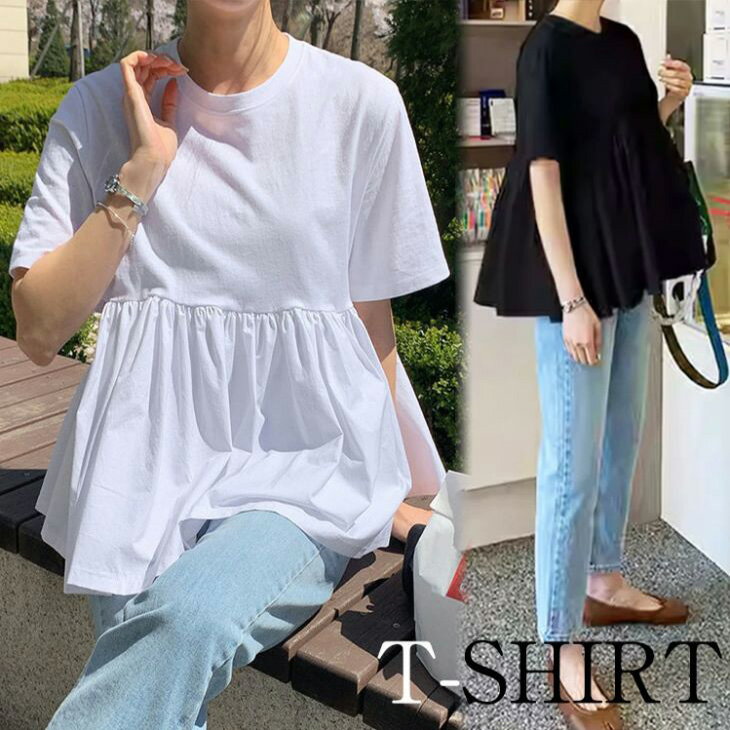 【半額クーポン対象】フリルペプラムトップス Tシャツ トップス 半袖 ラウンドネック フリル 透け感 かわいい シンプル カジュアル 大人 おしゃれ 大人女子 こなれ感 ラフ 抜け感 体型カバー【letp403-165】【予約販売：15-20日】【送料無料】メ込2のサムネイル