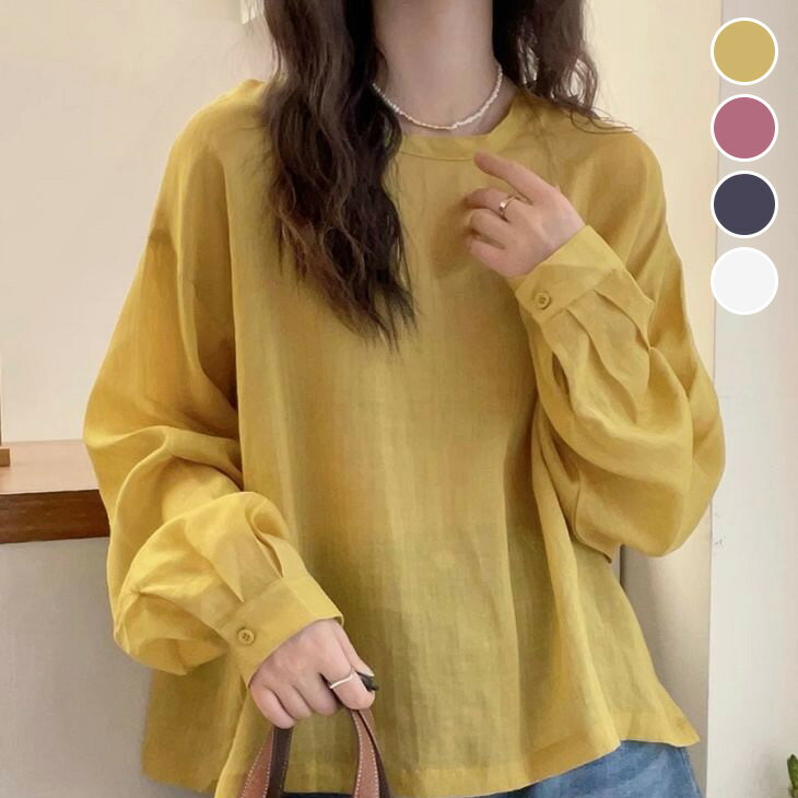 【楽天スーパーSALE×全品半額クーポン】トップス プルオーバー ボリュームスリーブ クルーネック バックボタン 透け感 ゆったり カジュアル シンプル 長袖 レディース 韓国ファッション 【24aw-it20】【予約販売：15-20日】【送料無料】メ込2のサムネイル