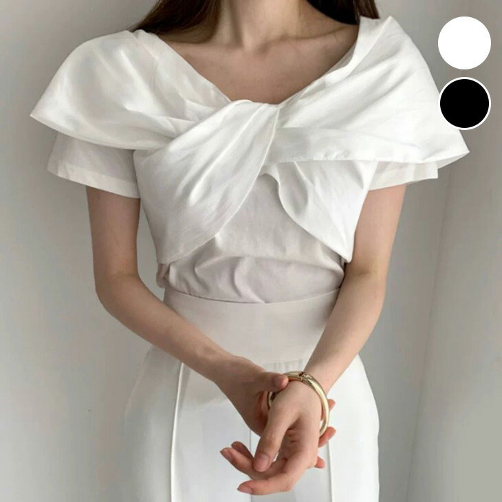 【半額クーポン対象】リボン風 パフスリーブ トップス ブラウス オフショル 2way シンプル 無地 半袖 ガーリー きれいめ 夏 おすすめ レディース オシャレ トレンド 人気 プチプラ 韓国ファッション【3736-fx】【予約販売：15-20日】【送料無料】メ込2のサムネイル