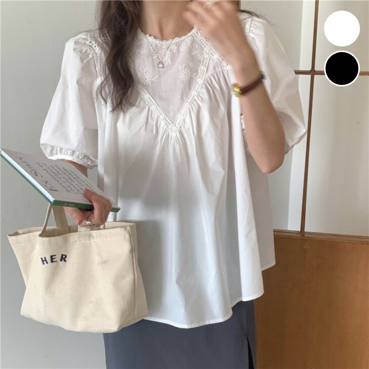 【全品半額クーポン配布中】刺繍 パフスリーブ チュニック ブラウス レースネック シャツ 無地 半袖 シンプル カジュアル ガーリー 夏 おすすめ レディース オシャレ トレンド 人気 プチプラ 韓国ファッション【9228-yc】【予約販売：15-20日】【送料無料】メ込2のサムネイル