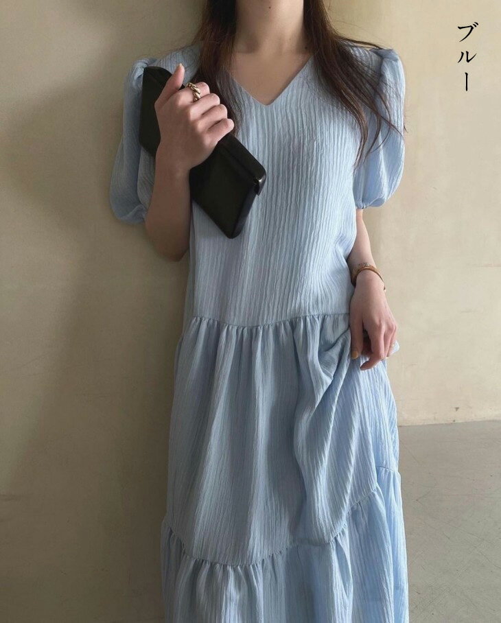 【全品半額クーポン配布中】パフスリーブ Vネック ティアード ワンピース シアー感 半袖 ワンピ ロング ガーリー カジュアル 夏 おすすめ レディース オシャレ トレンド 人気 プチプラ 韓国ファッション【les8216-fx】【予約販売：15-20日】【送料無料】メ込2