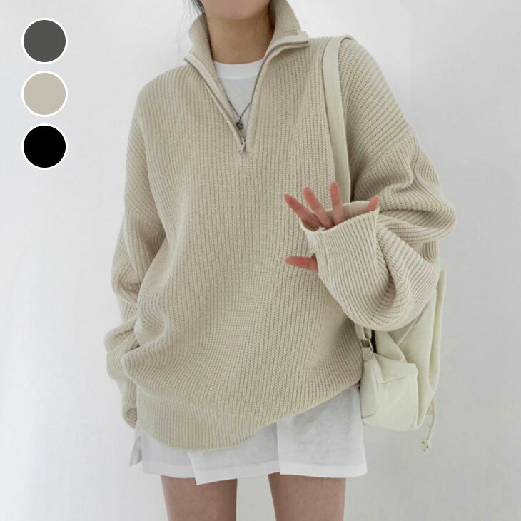 【半額クーポン対象】ハーフジッパー プルオーバー ニット 大人可愛い キレイめ セーター ルーズニット 秋冬 長袖 トップス レディース 【lestpaw25-dk10】【予約販売：11月27日入荷予定順次発送】【送料無料】宅込のサムネイル