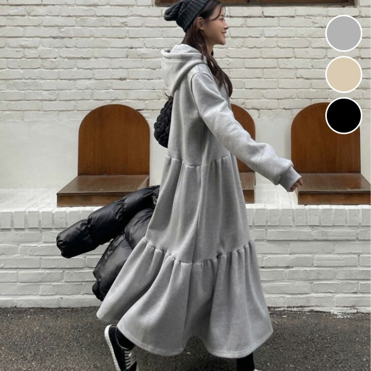 【半額クーポン対象】スウェット パーカー ワンピース ロング丈 マキシ丈 ティアード フリル フレア ゆったり カジュアル リラックス 体型カバー レディース 【letp25-5382】【即納：1-5営業日】【送料無料】宅込