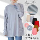 送料無料 プルオーバー Tシャツ カットソー 長め チュニック きれいめ ゆったり ドルマン 体型カバー レイヤード 長袖 ポケット付き 丸首 uネック 大きいサイズ 無地 綿 シワになりにくい 春 秋冬 ストレッチコットン カットソー シャツ見え