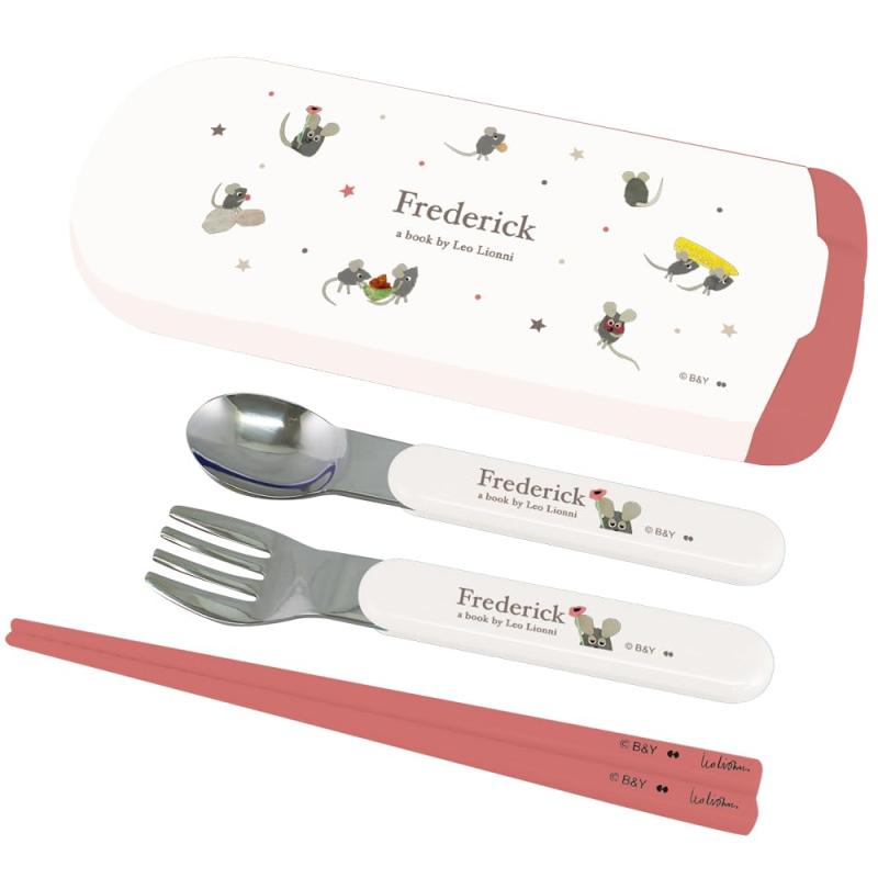 Rakuten - 大西賢製販 Leo Lionni トリオセット LUNCH SERIES Frederick サイズ：本体：約W8.4 D19.7 H1.8/スプーン：約W2.6 H13.7/フォーク：約W2.5 H13.5/ 箸：約H16.2 LLC-1510