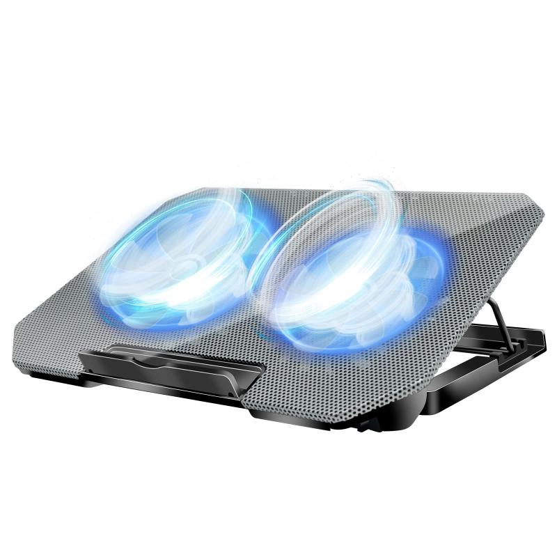 ノートパソコン冷却パッド 冷却台 4段階高度調整可 ノートPCクーラー LEDライト付き スピードスクロールスイッチ付き大風量 低騒音 2つUSBポート付 メタルメッシュデザイン 9-17インチまで