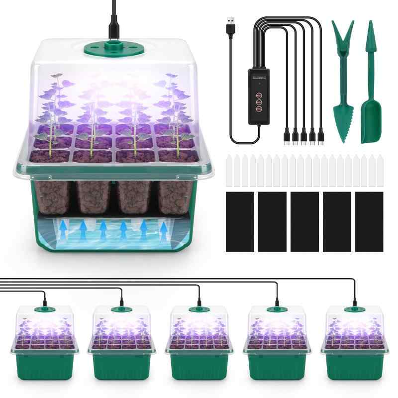 BlumWay 育苗ポット 育苗トレイ 5個セット 12穴 植物育成ライト付き 育苗箱 発芽•育苗セット 種まきハウス 湿度・温度管理 通気性 耐久性 園芸 植物栽培 園芸/植栽/庭園
