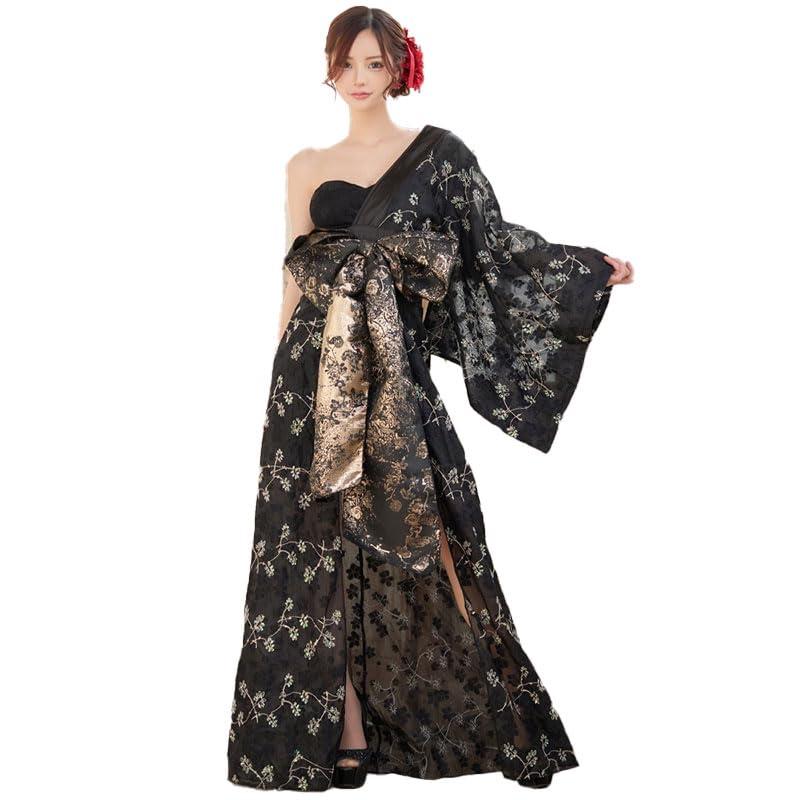 Rakuten - [LoveRich] ラブリッチ 【高級ライン】【2カラー/2点セット】 ワンショル アシンメトリー 花柄 レース ロングinミニスカート 豪華 帯 花魁 着物 ドレス [1364]