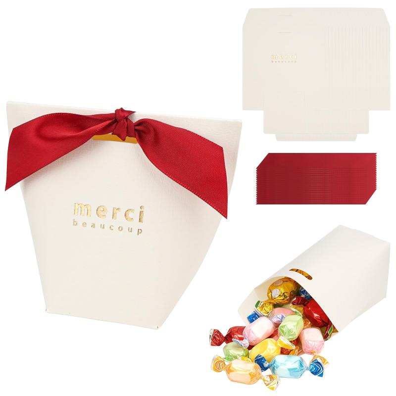 Rakuten - HANNAFIRES 20点セット Merci ギフトボックス ホワイト 赤リボン装飾 ラッピングケース 手提げ風パッケージ 記念品包装 パーティー小物