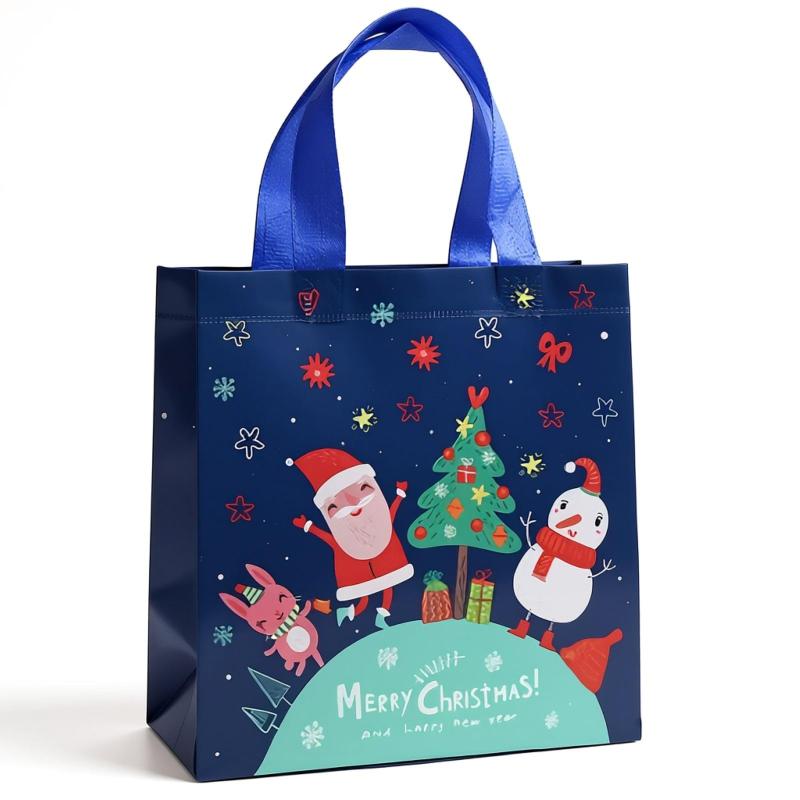 Rakuten - zousui shop クリスマスギフトバッグ, 10枚セット, ブルー, 不織布ラミネート素材, 手提げ付き, 23×22×11cm, サンタ・ツリーデザイン, お菓子・プレゼント用