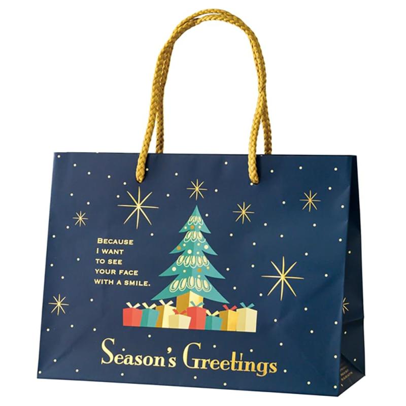 Rakuten - ヘッズ 紙袋 24×10×18cm S 10枚 ネイビー ハンドルあり クリスマス オーナメント柄 HEADS XRO-3P