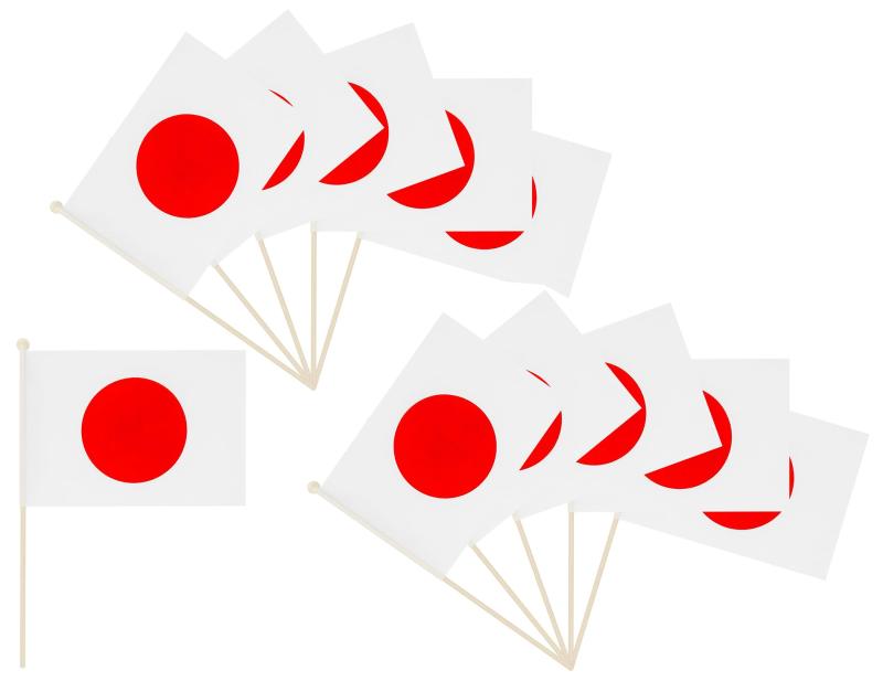 手持ち式日本国旗・手旗 14×21cm 約30cm棒付き・ポリエステル製 応援 観戦 運動会 文化祭 式典 装飾用 10本セット＋1本おまけ