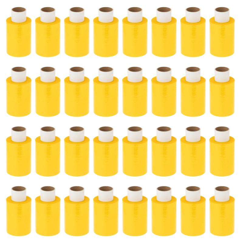 【箱売り】APMジャパン 梱包用ラップ（ミニストレッチフィルム） らくらくハンディラップ100 カラー Yellow 100mm×150m 20μ 替え 32個セット用途：商品の区別、新聞・雑誌、段ボールの梱包や部品・パーツのまとめ、商品の保護・梱包、長物の荷崩れを防ぐなどフィルムサイズ：幅10cm×長さ150mフィルム厚み:約20μ保護にも最適の厚手タイプラップ本体サイズ(約)：幅7.5cm×長さ14cm(ラップ部分10cm)×奥行7.5cm 重さ約310g紙管内径：1.5インチ（3.8cm）
