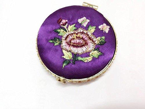 樂天商城 - 刺繍の化粧品ミラー、女性の携帯用の手作りの両面のパーティーのために化粧品ミラー、旅行と事務所 (紫)