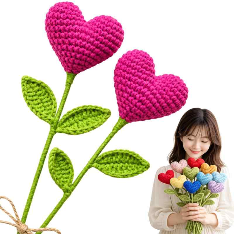 Rakuten - 【スヤスワ】ニットフラワー ハート 2本(濃ピンク) 編み物 花 一輪 母の日 花束 ミニ バラ ヒマワリ