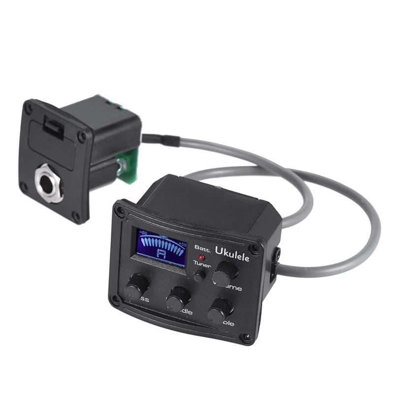 ウクレレ ピックアップ プリアンプ ピエゾ式 3バンドEQ クロマチックチューナー内蔵 LCDディスプレイ 工具不要 簡単取付 アコースティックギター対応 楽器アクセサリー