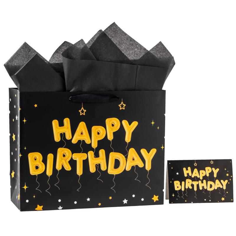 Rakuten - バースデー ギフトバッグ 誕生日 ラッピング袋 紙袋 33×26×12cm リボン付き メッセージカード 薄葉紙入り プレゼント包装袋 星柄 おしゃれ 贈り物 バッグ